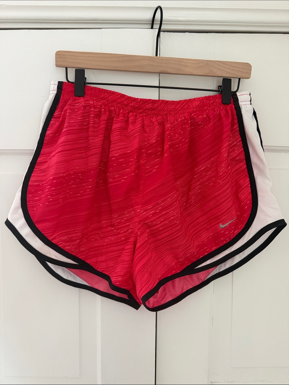 Nike Red Athletic Running Shorts with White Side Panels and Black Trim